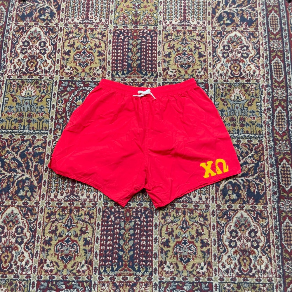 VTG 80s 90s Action Sportswear Red Athletic‎ Gym Shorts L USA Chi Omega Sorority